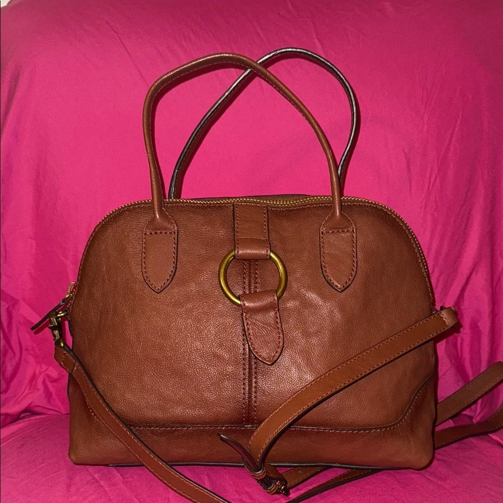 Frye Chestnut Brown Leather Satchel with Gold Ring Accent